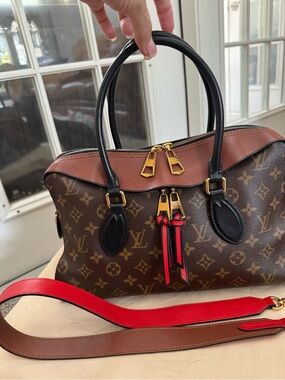Louis Vuitton Brown Monogram Tuileries Satchel with Black Handles and Red Strap